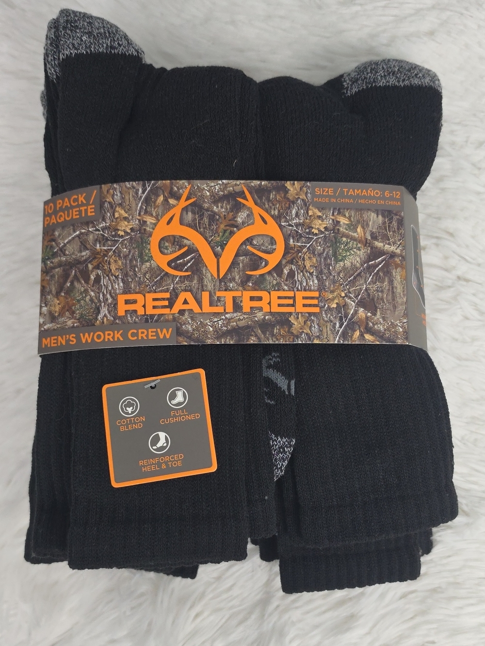 RealTree Men's Work Crew Socks, Black, 10 Pairs, Size 6-12(US), NEW!